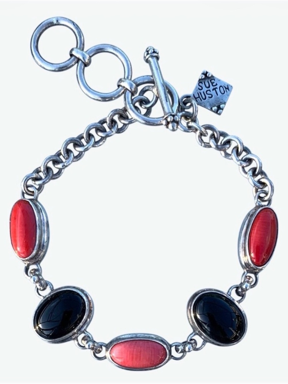 Sue Huston Sterling Silver Onyx, Pink & Red Coral Southwestern Bracelet, Signed